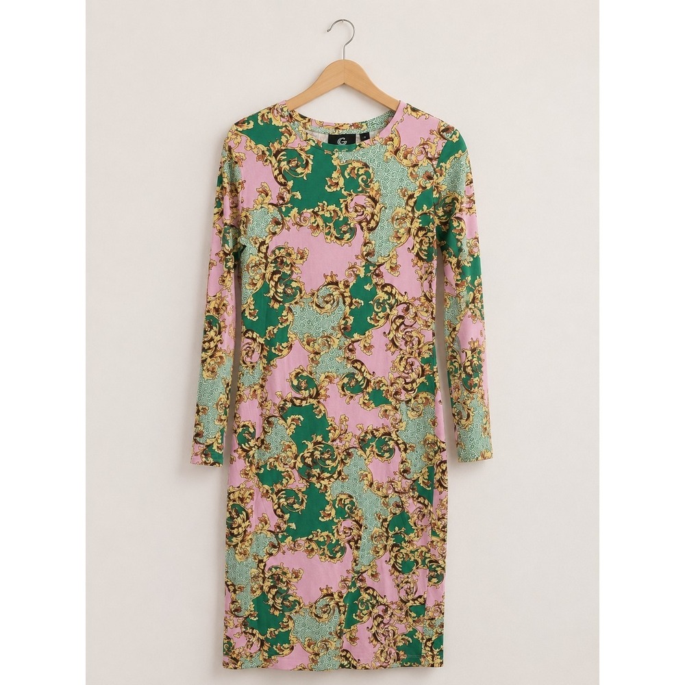Women's Small Stretch Midi Dress Baroque Scarf Print Body Skimming Designer...